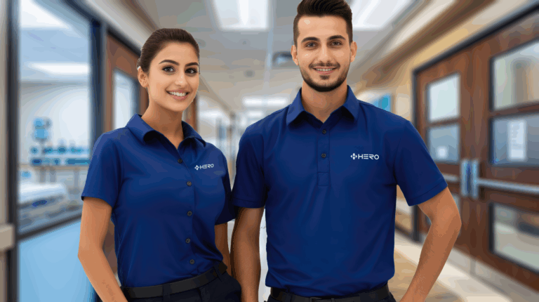 HERO healthcare technology management team smiling in hospital hallway with mission, vision, approach, and core values highlighted